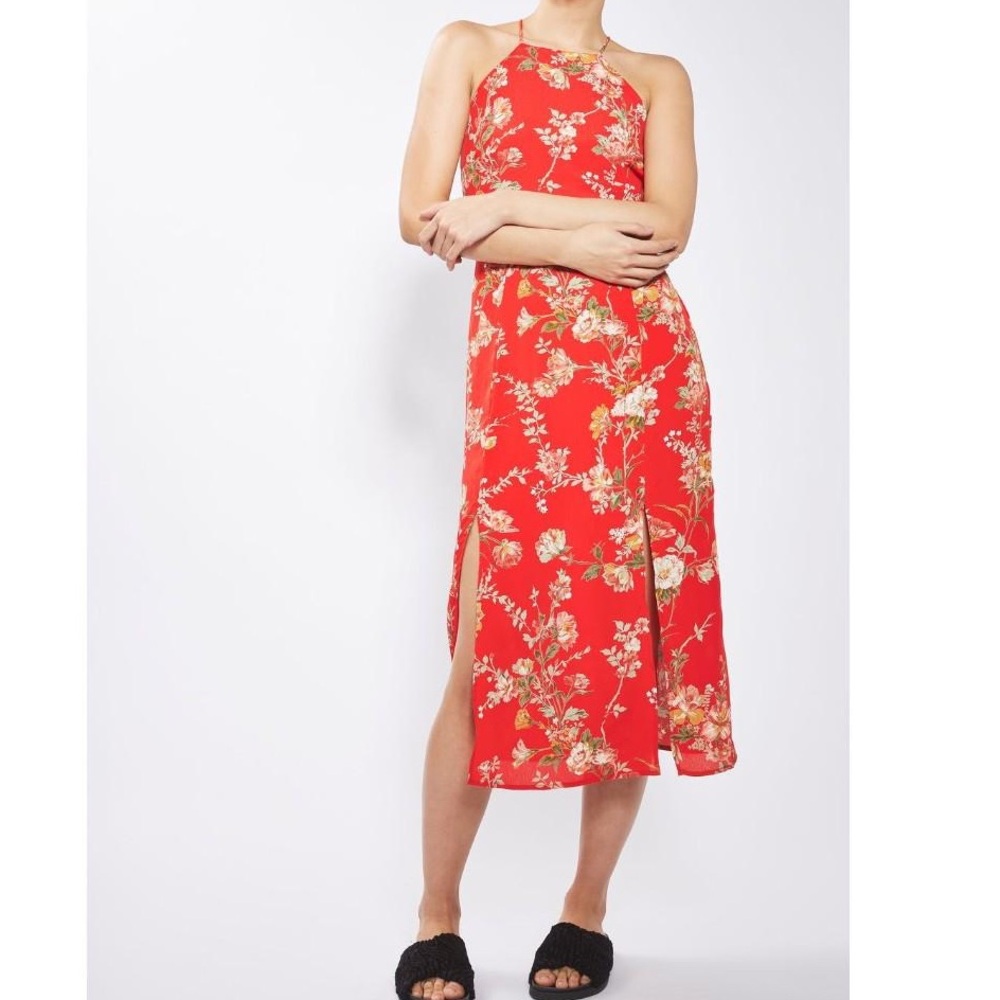 Topshop Square Neck Midi Dress - Orange with floral pattern